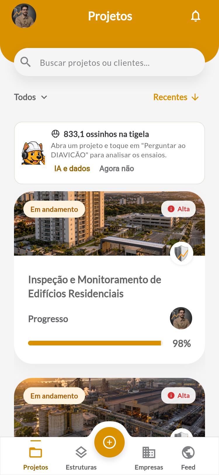 Lista de projetos no celular