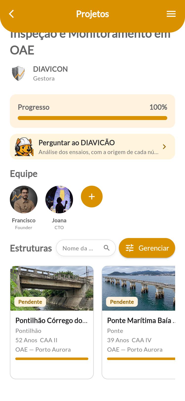 Equipe e estruturas do projeto no celular