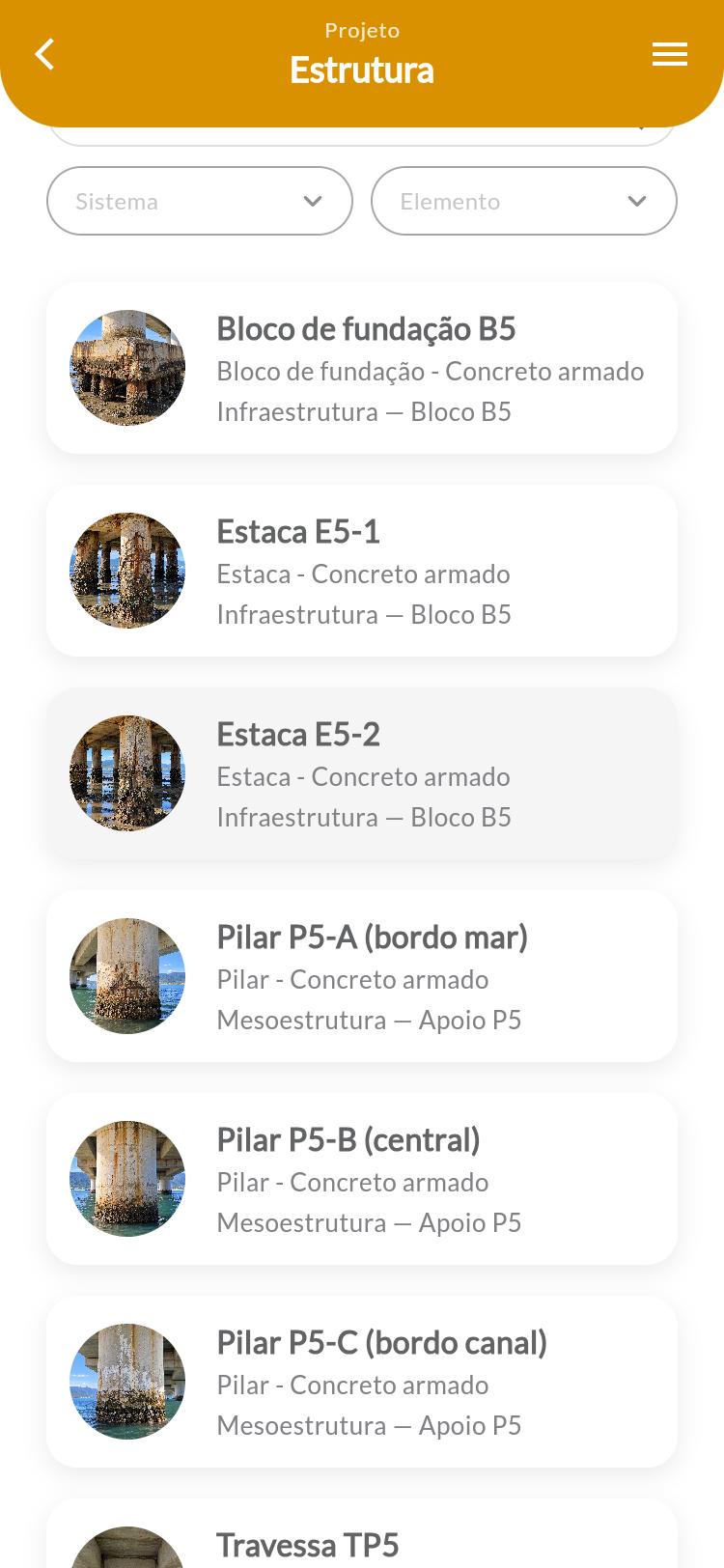 Lista de elementos estruturais no celular
