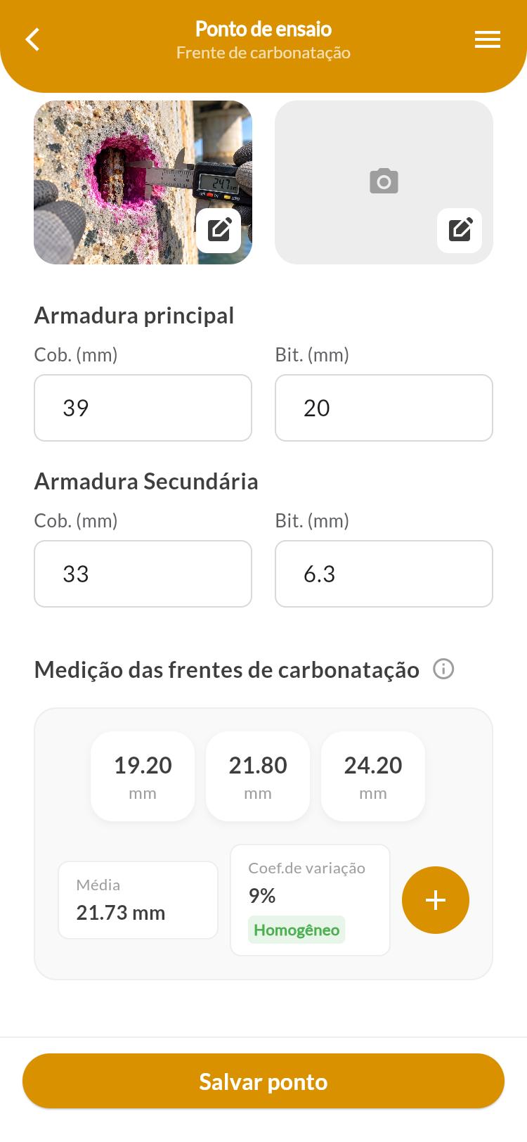 Medições do ponto no celular