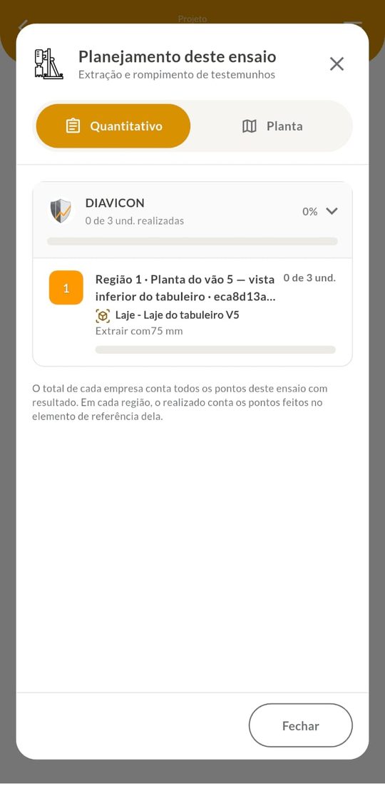 Planejamento deste ensaio no celular, aba Quantitativo
