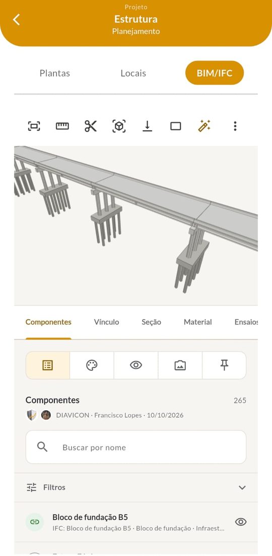 Aba BIM/IFC no celular com o modelo da ponte e os componentes