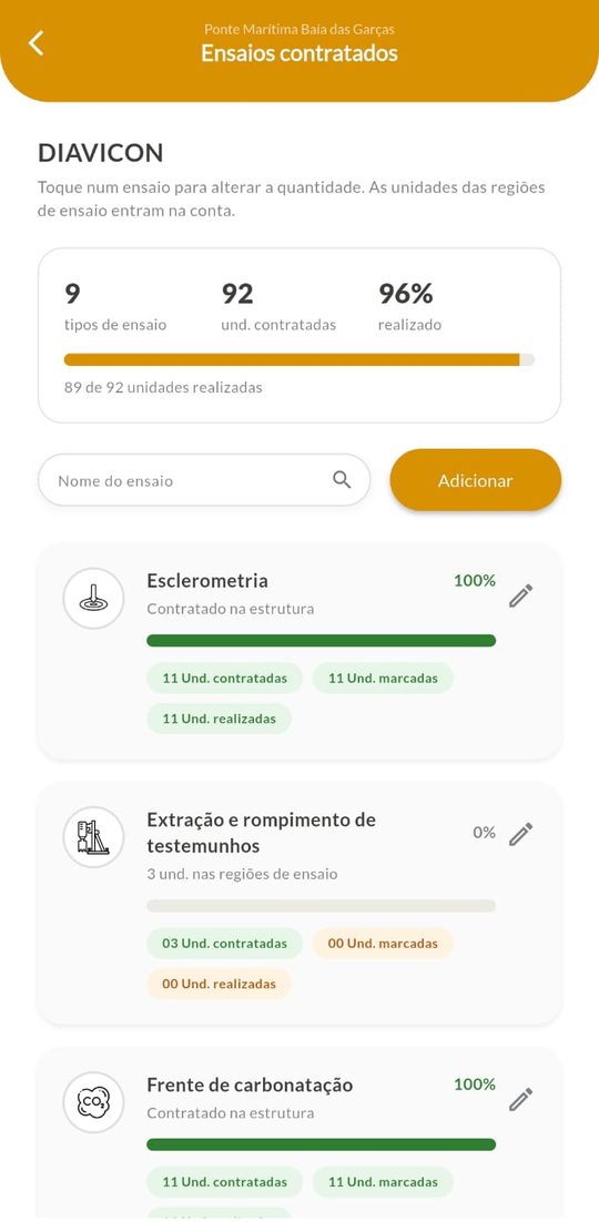 Tela Ensaios contratados no celular