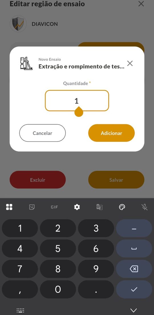 Diálogo de quantidade do ensaio no celular