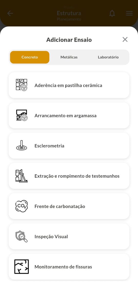 Lista de tipos de ensaio no celular, separada em concreto, metálicas e laboratório