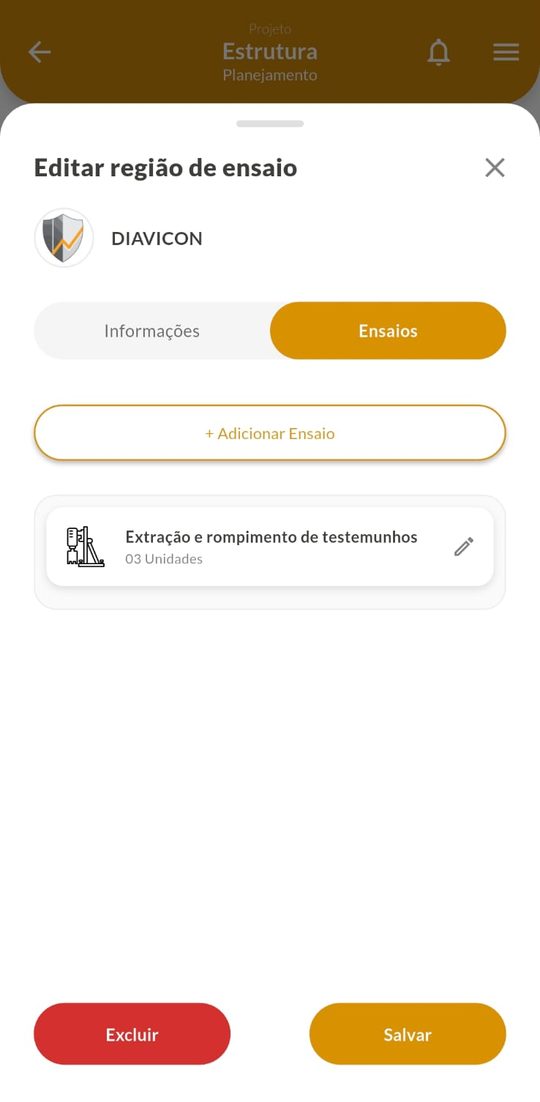 Região de ensaio no celular, aba Ensaios, com extração de testemunhos