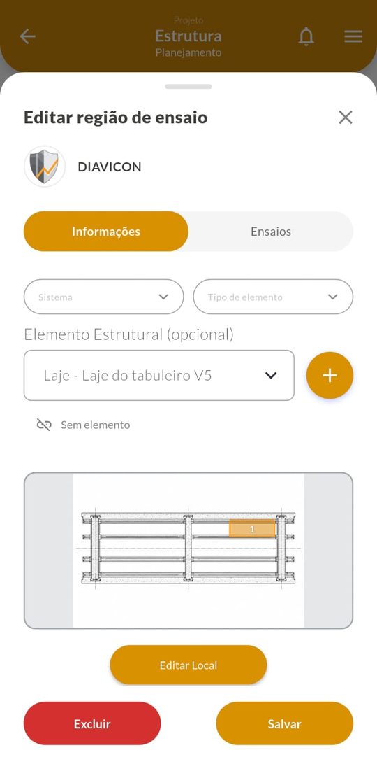 Região de ensaio no celular, aba Informações, com o elemento e o local na planta