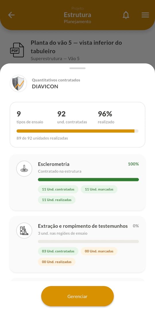 Quantitativos contratados no celular com o botão Gerenciar