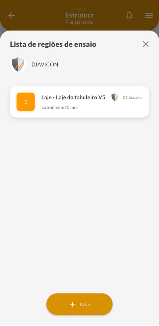 Lista de regiões de ensaio no celular com o botão Criar