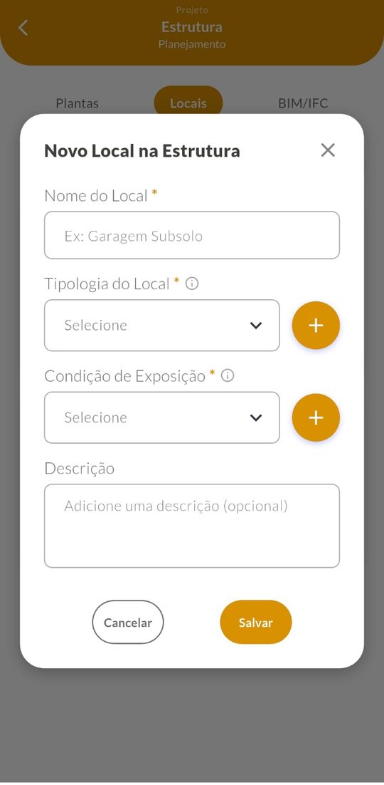 Formulário Novo local na estrutura no celular