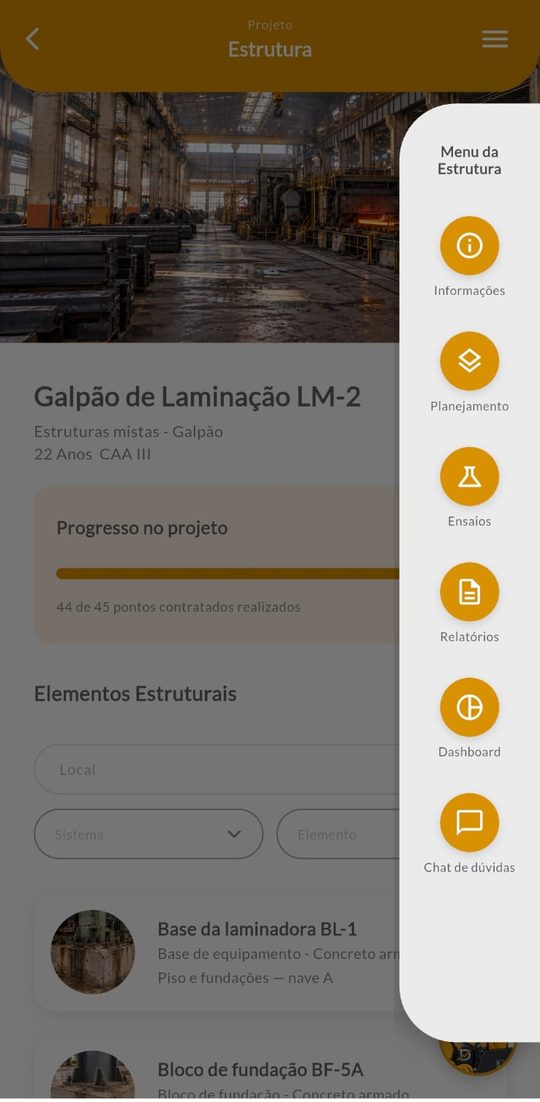 Menu da estrutura aberto no celular, com o item Planejamento