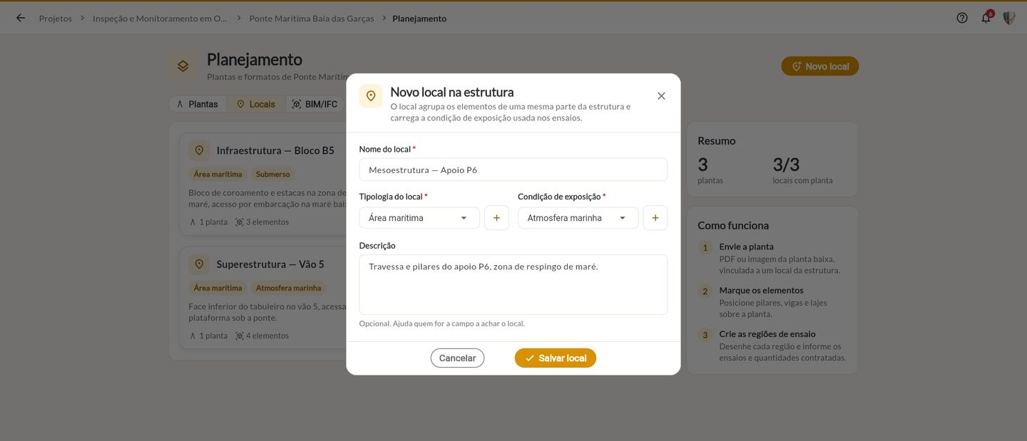 Formulário Novo local na estrutura preenchido