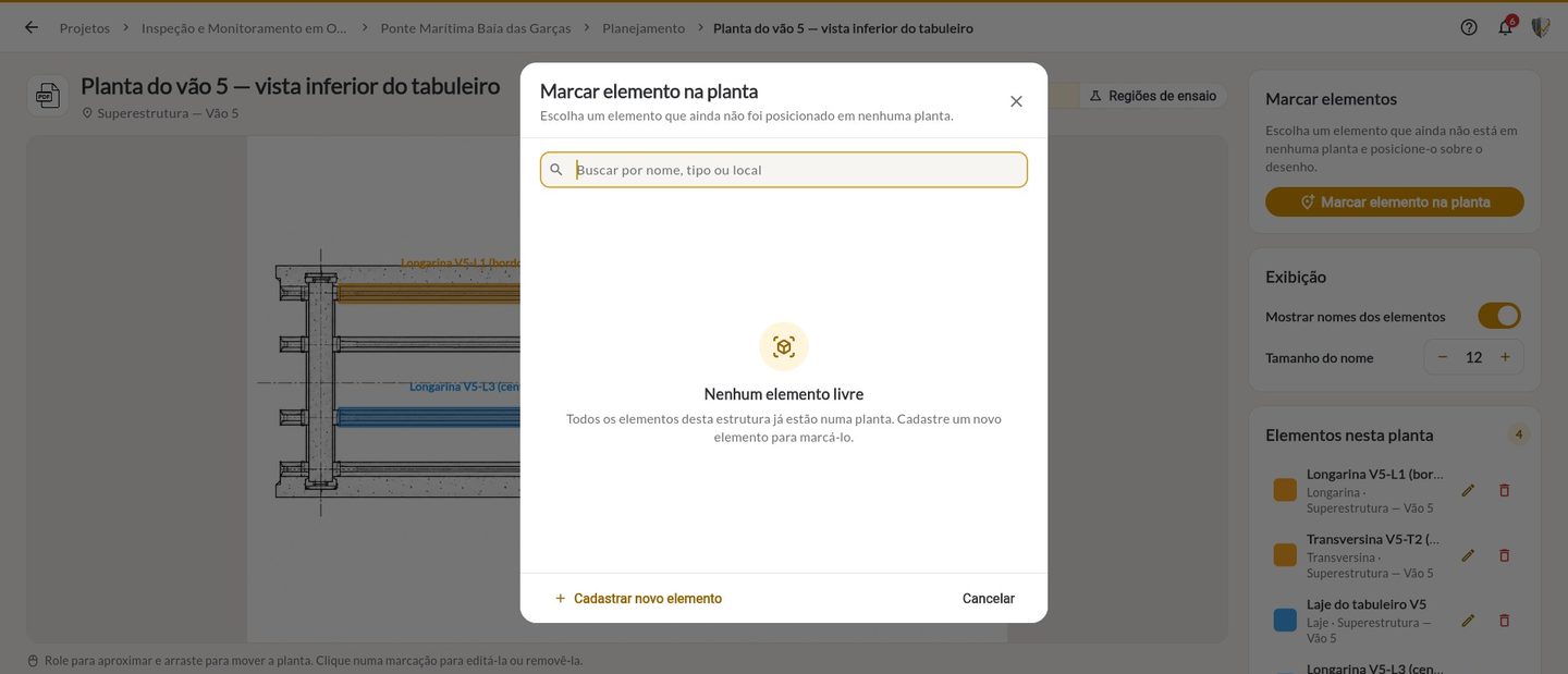 Janela Marcar elemento na planta mostrando que todos os elementos já estão em uma planta