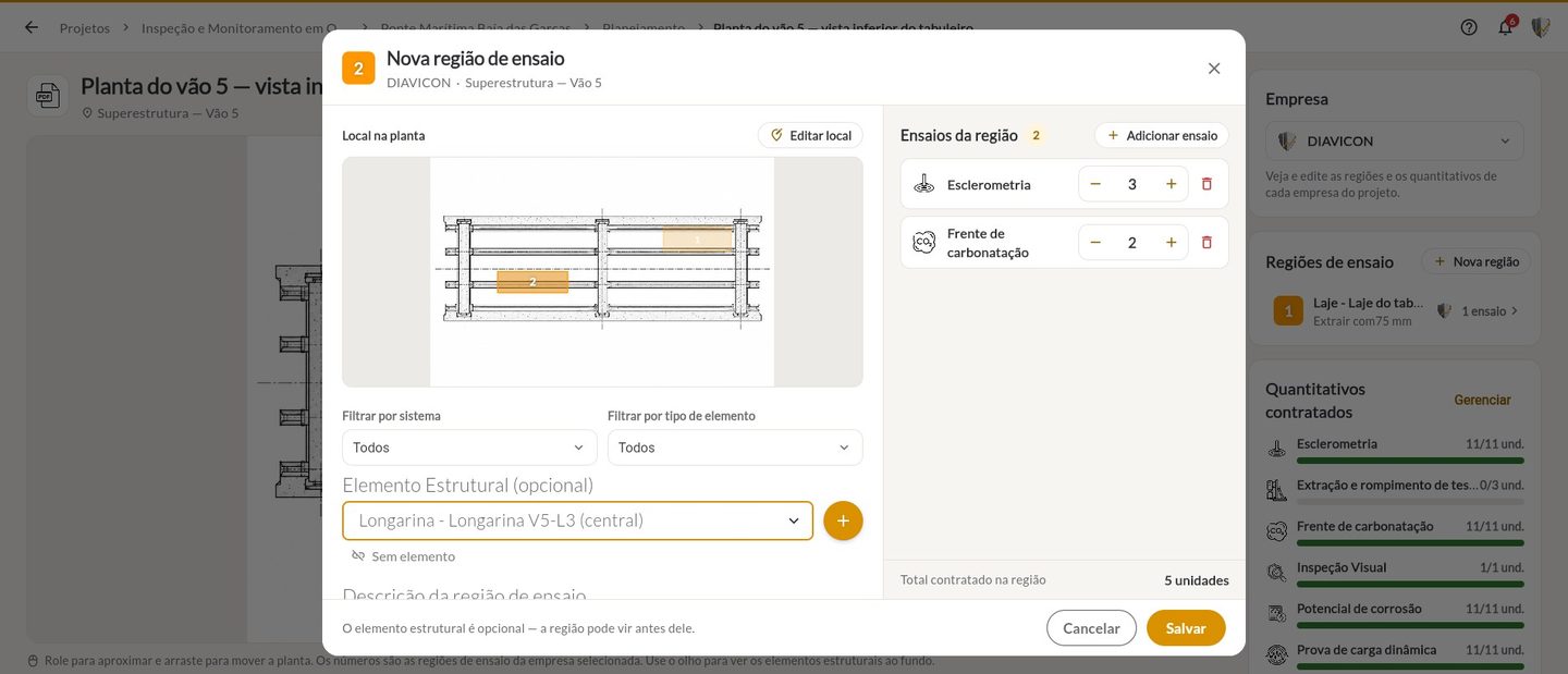 Formulário Nova região de ensaio com o elemento escolhido e dois ensaios com quantidades