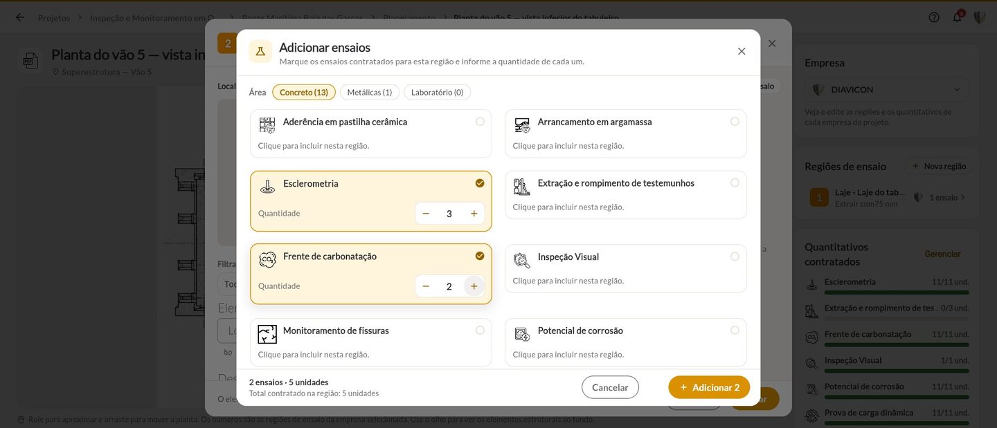 Janela Adicionar ensaios com esclerometria e frente de carbonatação selecionadas e as quantidades