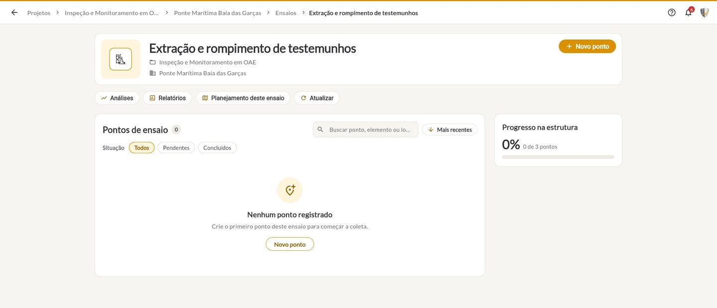 Tela do ensaio de extração de testemunhos com o botão Planejamento deste ensaio