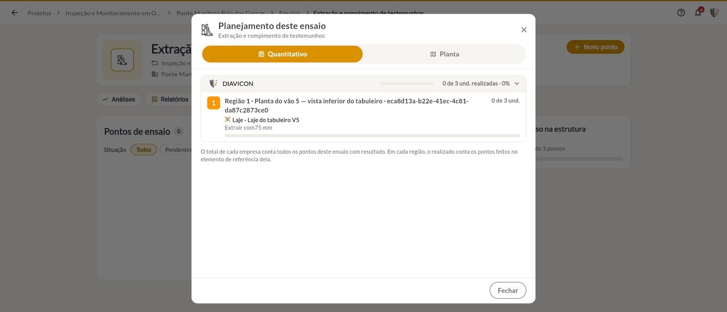 Planejamento deste ensaio, aba Quantitativo, com a região 1 na laje do tabuleiro