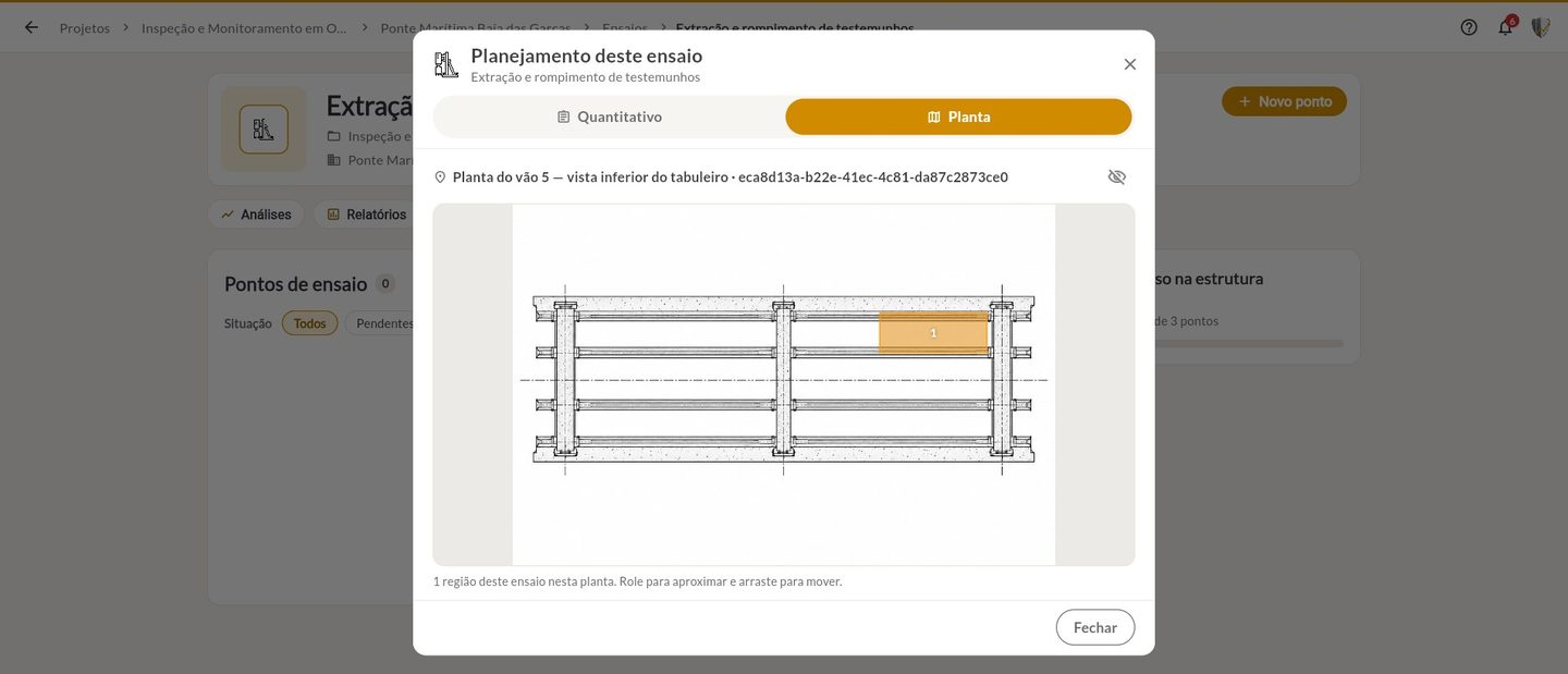 Planejamento deste ensaio, aba Planta, com a região sobre a planta do vão 5
