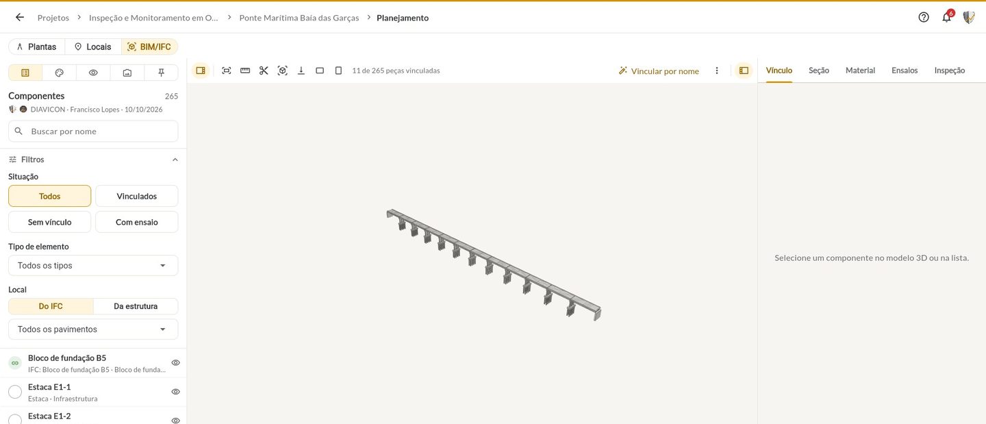 Aba BIM/IFC do Planejamento com o modelo da ponte e a lista de componentes