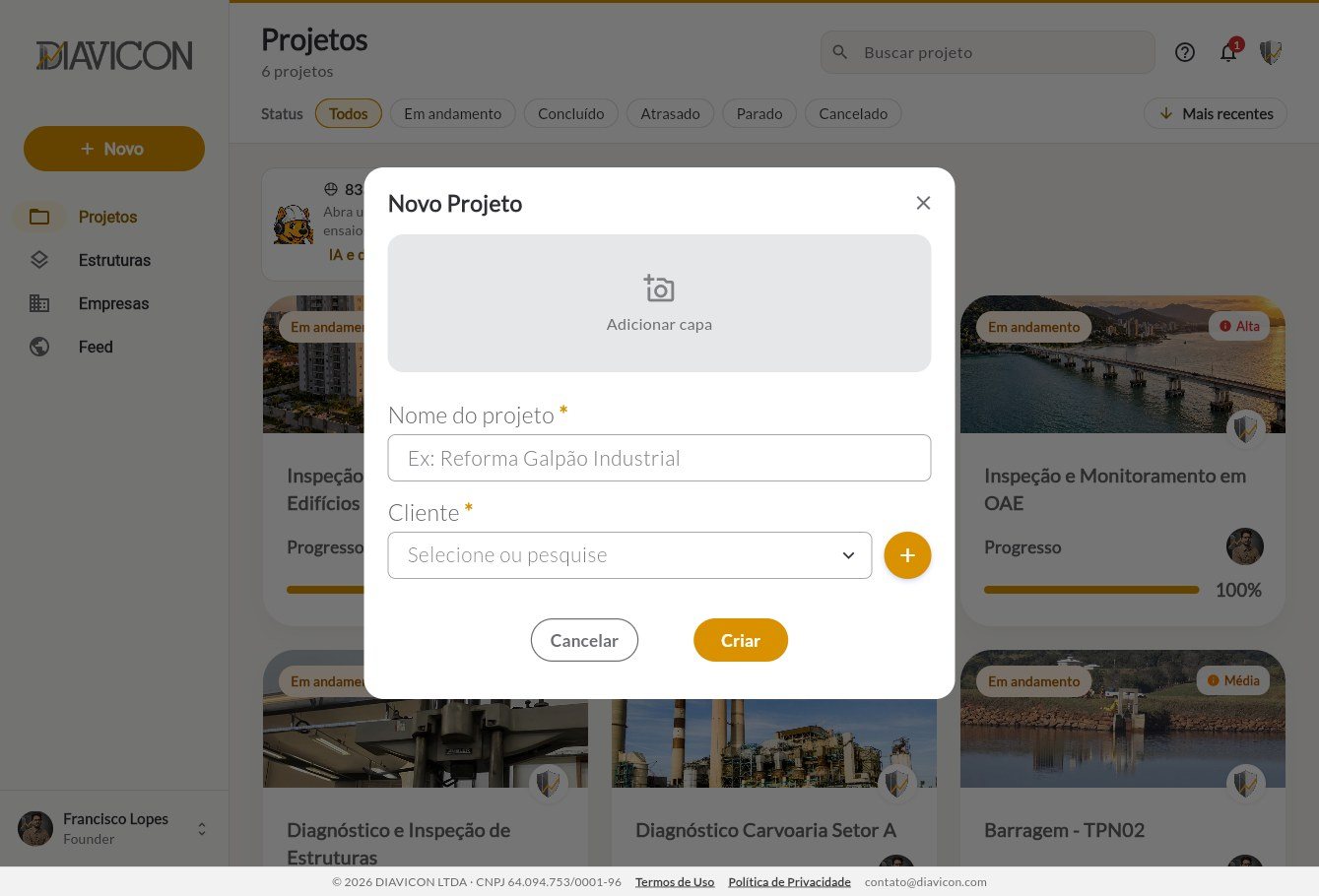 Janela Novo Projeto sobre a lista de projetos