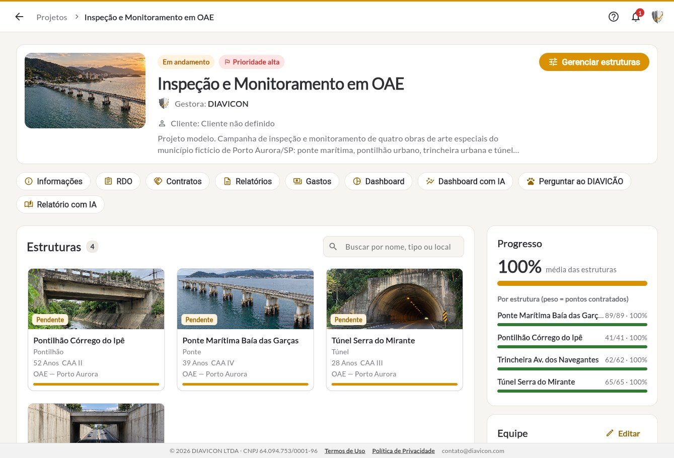 Página do projeto Inspeção e Monitoramento em OAE no computador
