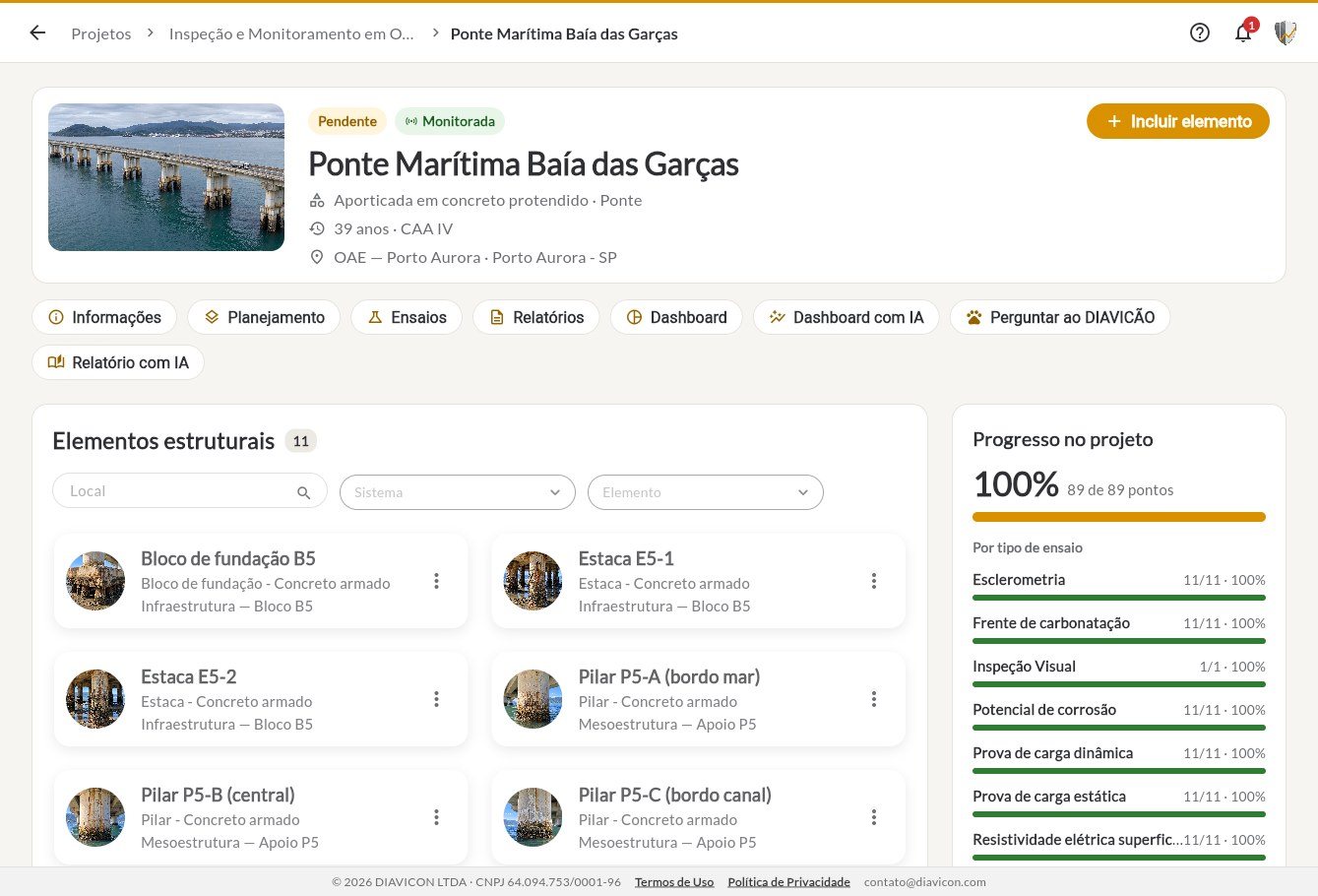 Página da Ponte Marítima com elementos estruturais e progresso por ensaio