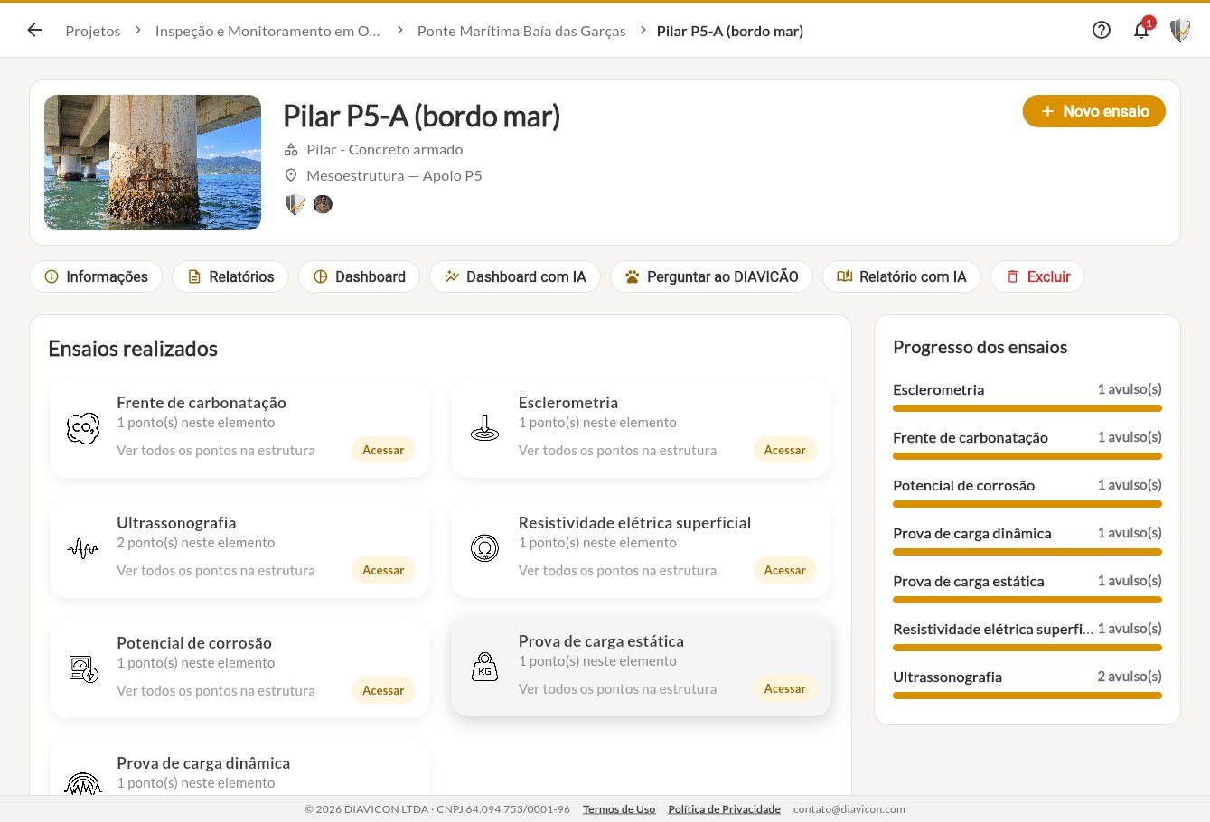 Página do Pilar P5-A com ensaios realizados e progresso