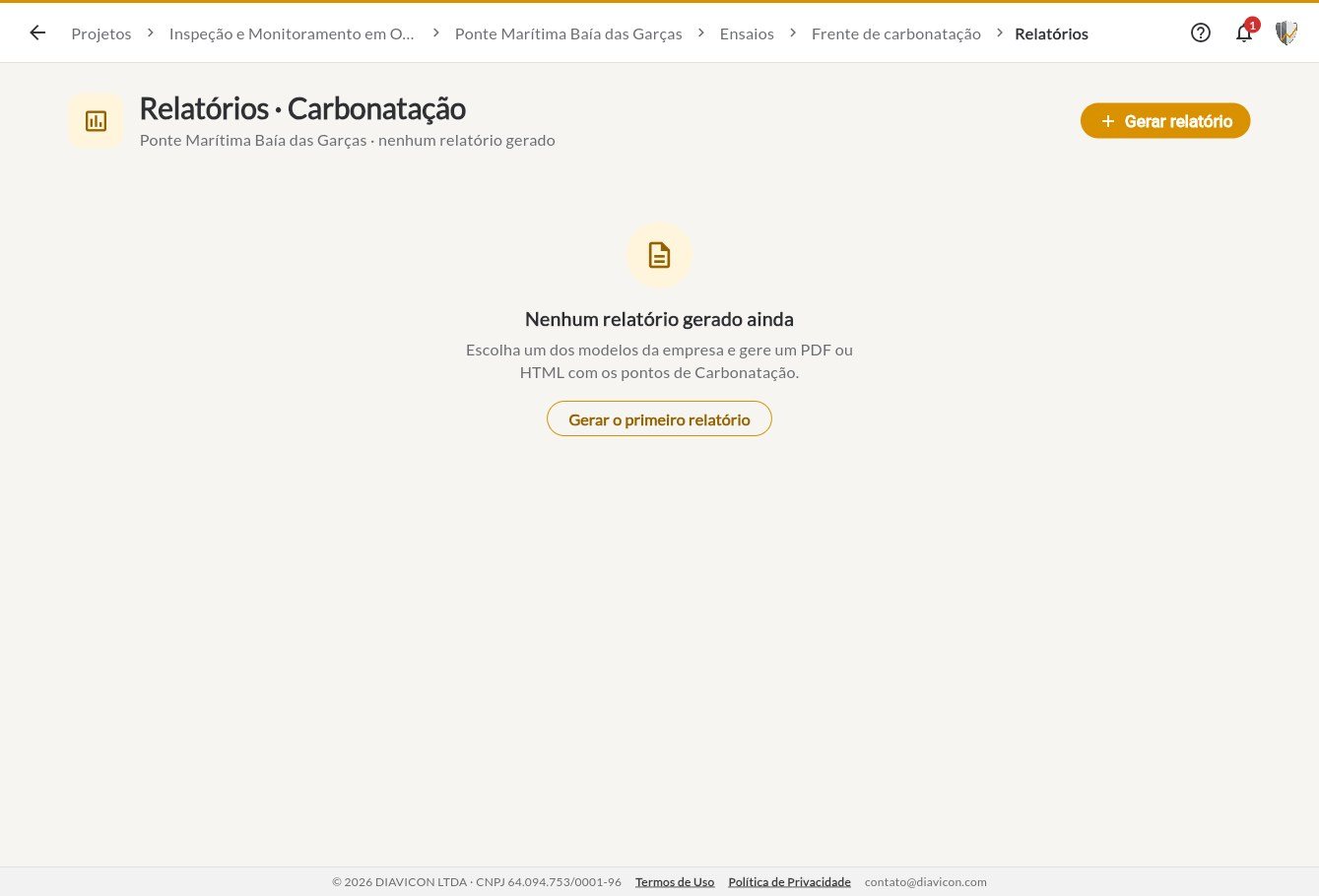 Lista de relatórios vazia com botão Gerar relatório