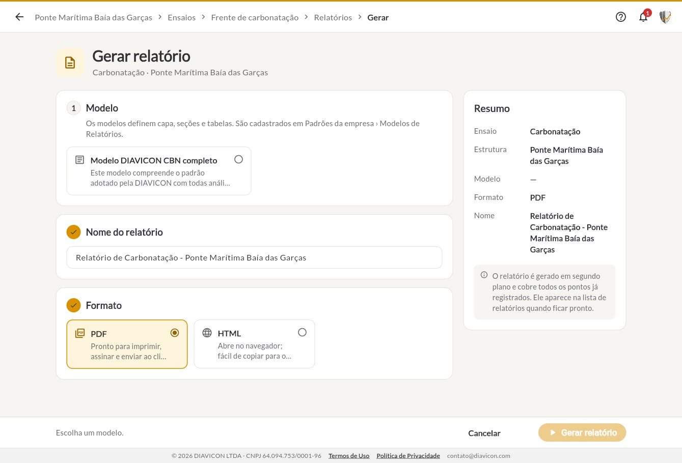 Tela Gerar relatório com modelo, nome, formato e resumo