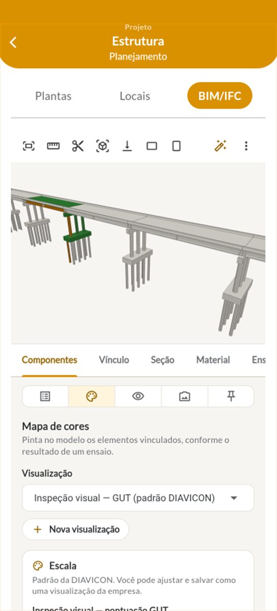 Modelo BIM/IFC de uma ponte no app DIAVICON, com os elementos coloridos pela pontuação GUT da inspeção visual