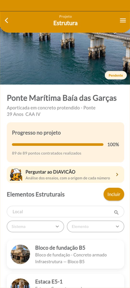 Tela do app DIAVICON com a estrutura Prédio Sinterização e seus elementos estruturais