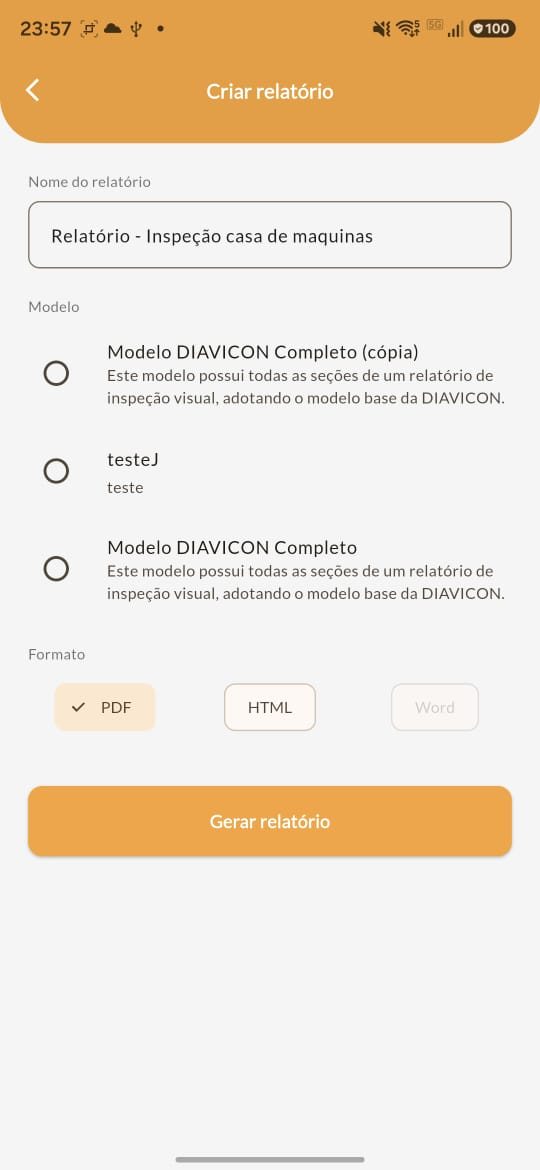 Tela do app DIAVICON para gerar o relatório da inspeção em PDF a partir de um modelo