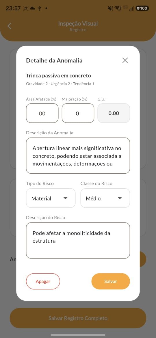 Detalhe de uma anomalia no app DIAVICON, com gravidade, urgência, tendência e classe de risco