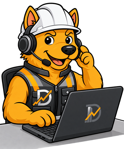DIAVICÃO, mascote da DIAVICON, de fone de ouvido atendendo no notebook