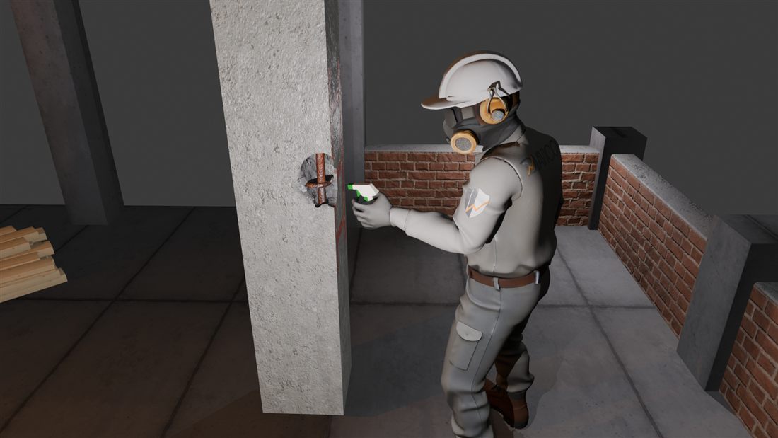 Ilustração de um inspetor borrifando fenolftaleína em uma janela de ensaio aberta em um pilar de concreto