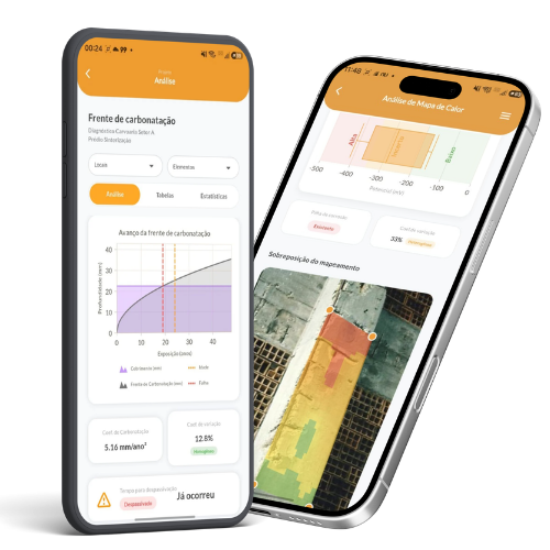 App DIAVICON em dois celulares: avanço da frente de carbonatação e mapa de calor do potencial de corrosão
