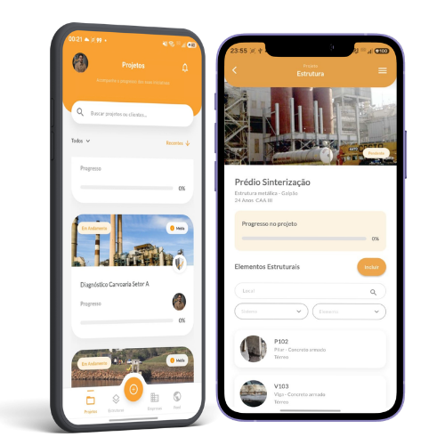 App DIAVICON em dois celulares: lista de projetos e página de uma estrutura