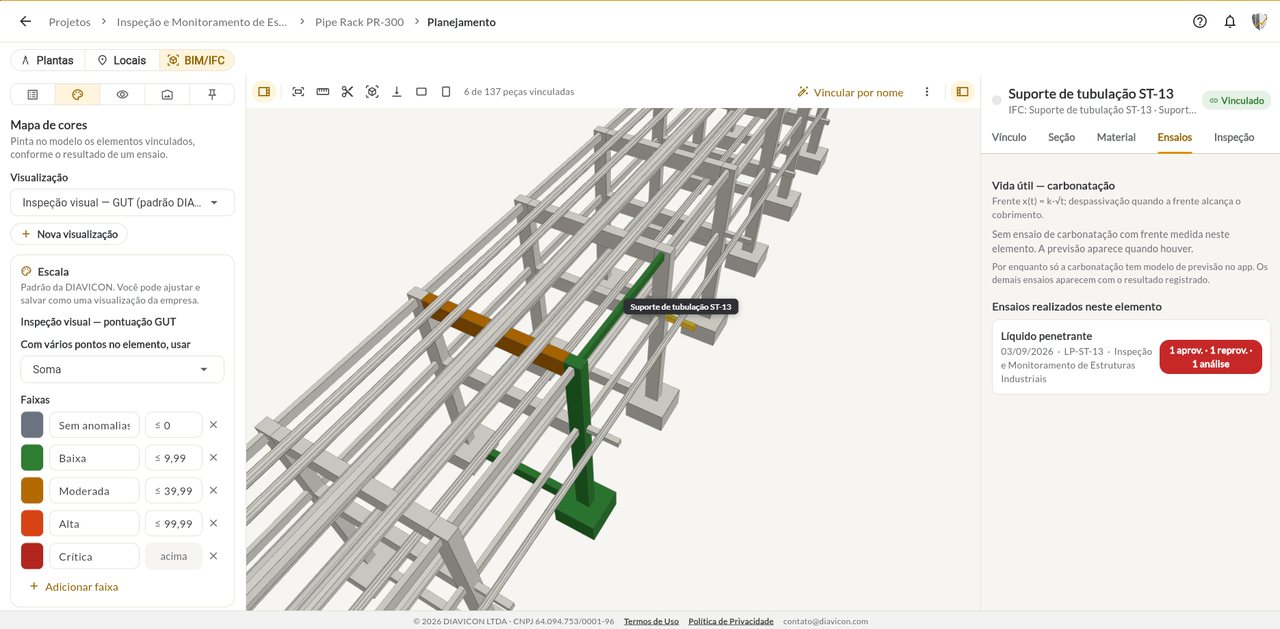 Suporte de tubulação selecionado no modelo 3D de um pipe rack, com o resultado do ensaio de líquido penetrante