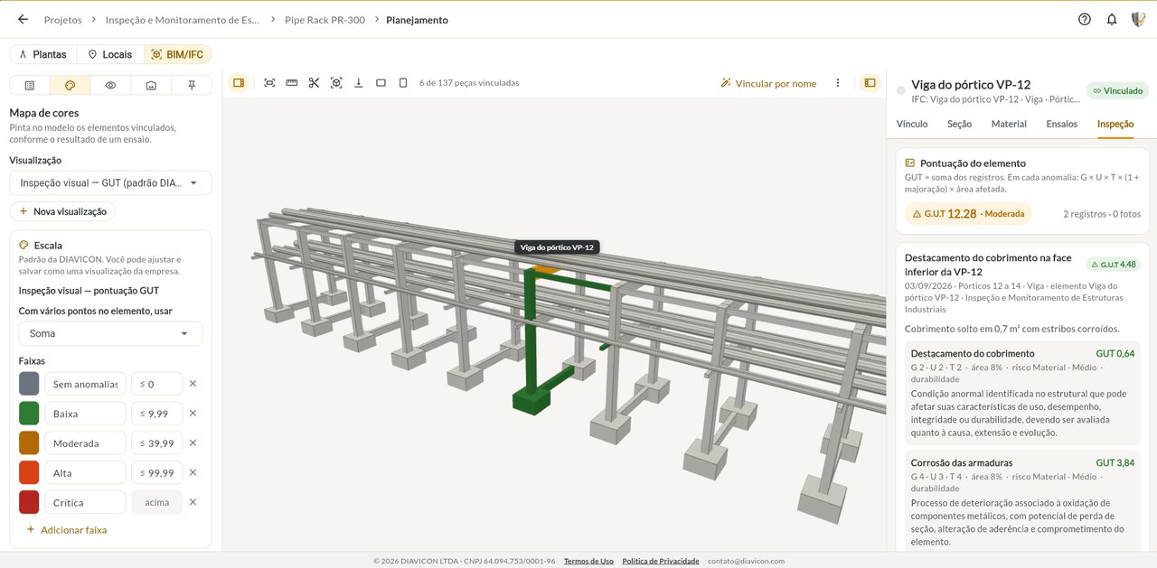 Modelo 3D de um pipe rack na plataforma DIAVICON, com a viga de um pórtico destacada e os registros de inspeção