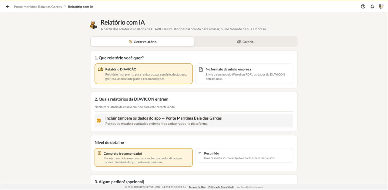 Relatório com IA na plataforma DIAVICON: escolha entre o relatório DIAVICÃO e o formato da sua empresa, e o nível de detalhe