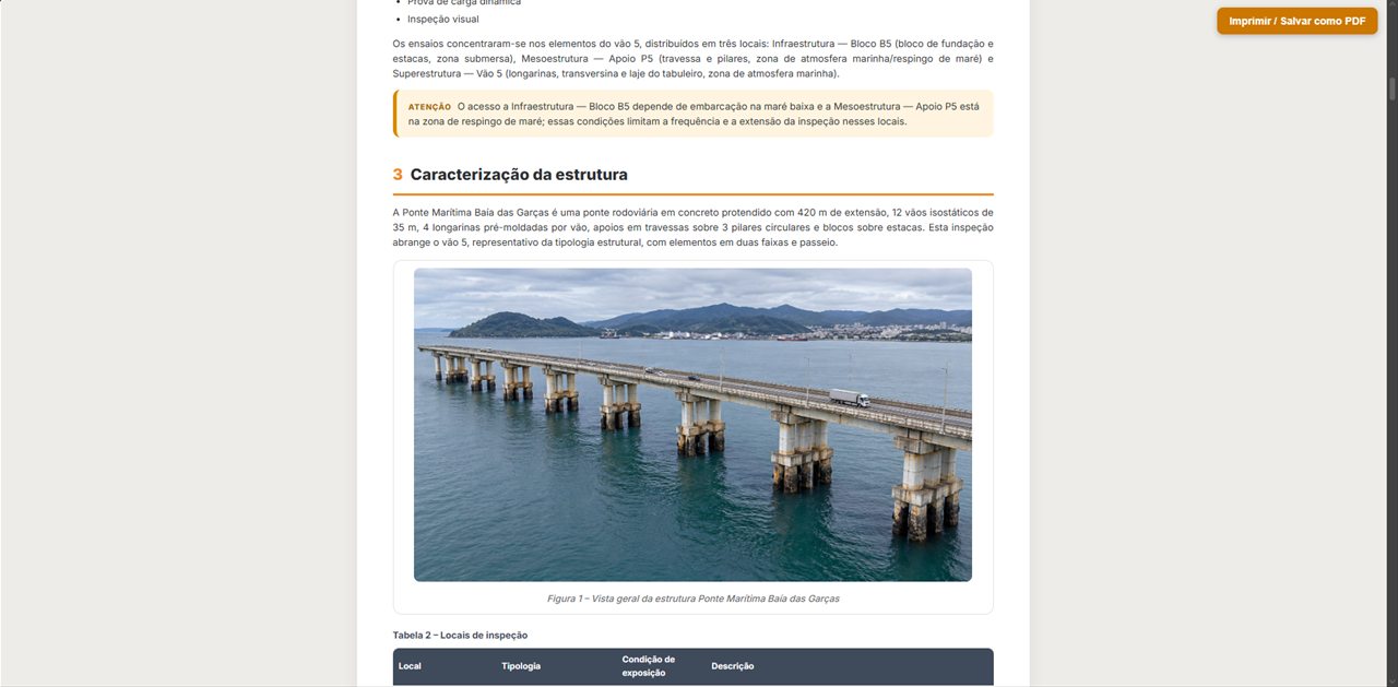 Relatório de inspeção de uma ponte gerado com IA na plataforma DIAVICON, com texto, foto e tabela
